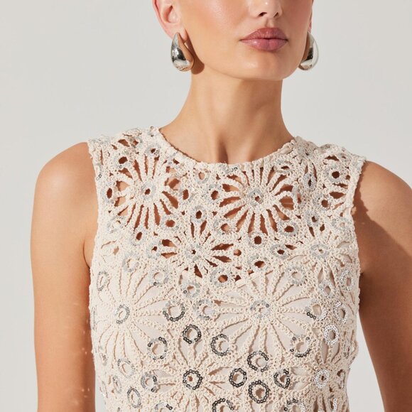 Crochet floral mini dress Sequin details throughout Exposed back with lace up cl - Picture 3 of 3